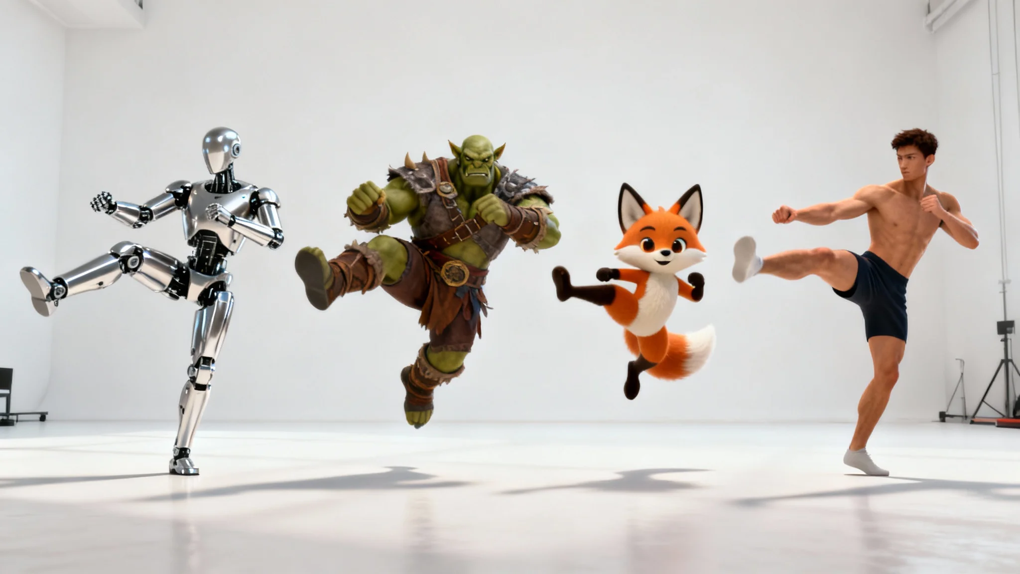 Four diverse 3D characters, a robot, an orc, a cartoon fox, and a human athlete, all frozen in the exact same mid-air kick pose, demonstrating the concept of animation retargeting.
