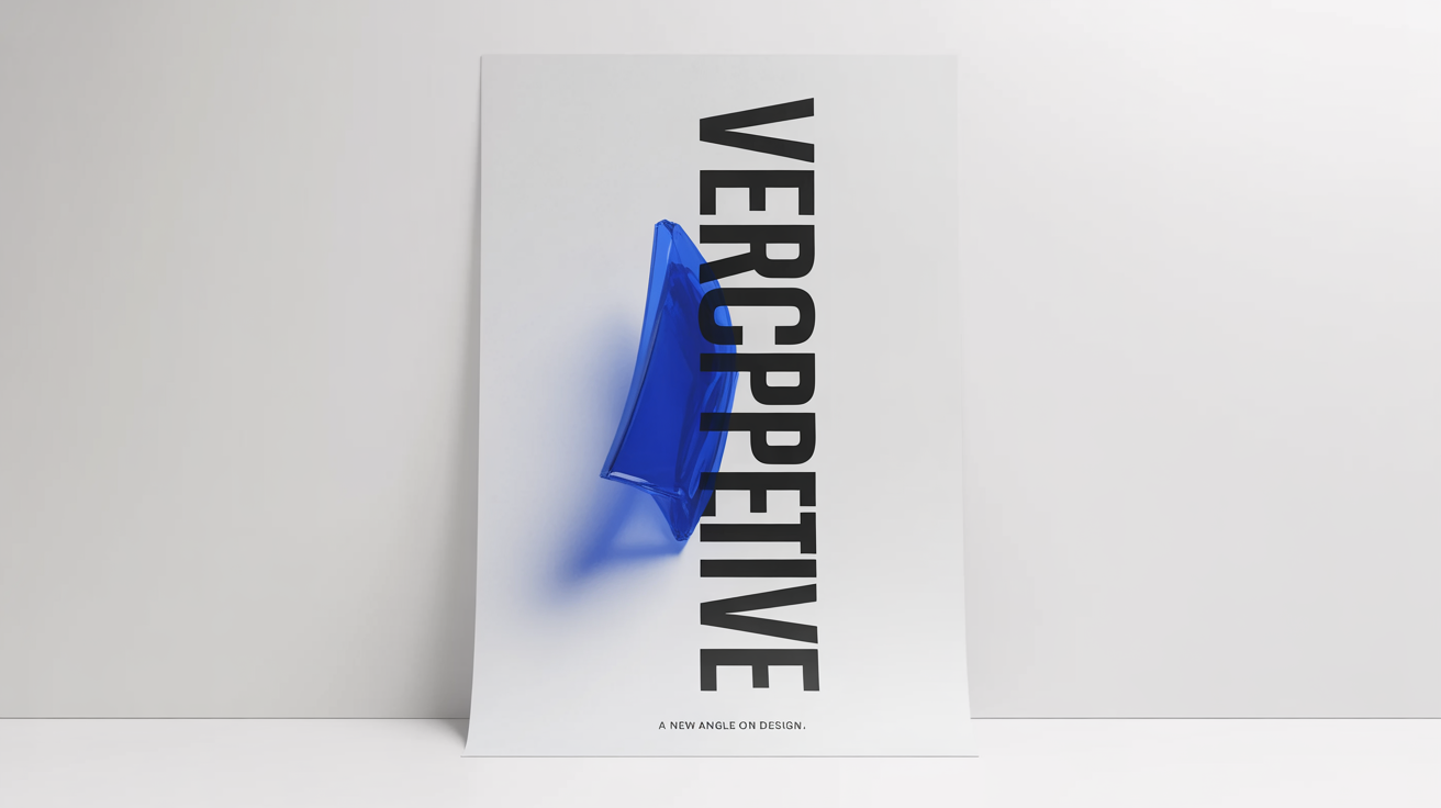 A modern poster design with a white background. On the right, the words 'VERTICAL PERSPECTIVE' are written vertically in bold black text. On the left is a simple, abstract blue shape, representing a finished design from a vertical text editor.
