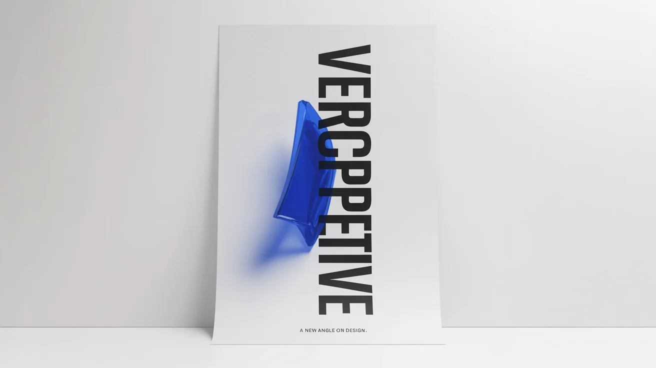 A modern poster design with a white background. On the right, the words 'VERTICAL PERSPECTIVE' are written vertically in bold black text. On the left is a simple, abstract blue shape, representing a finished design from a vertical text editor.