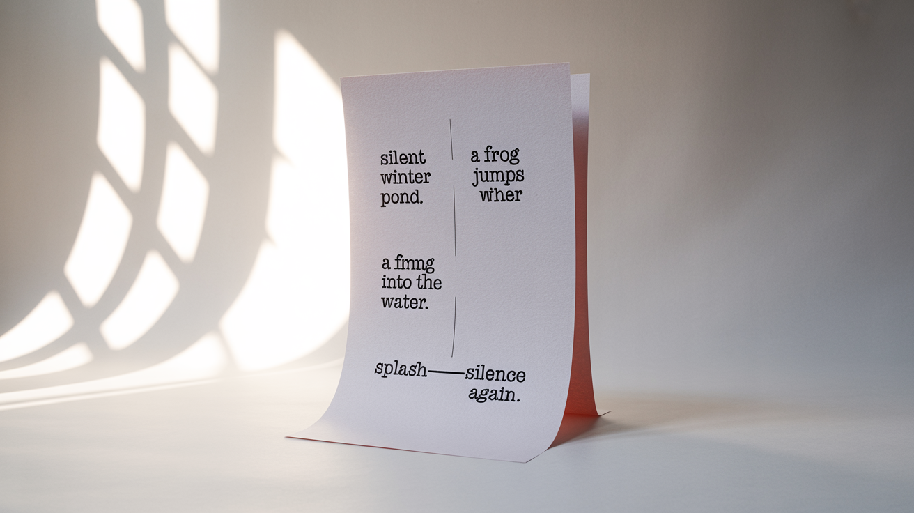 A minimalist mockup of a vertical text editor's output, showing a three-line poem written vertically on a single sheet of paper against a white background.