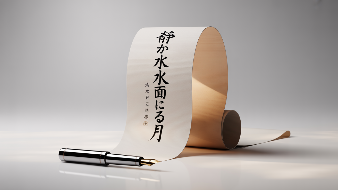 A mockup representing a vertical text editor, featuring a long white scroll with vertical Japanese calligraphy and a modern fountain pen beside it, set against a clean white background.