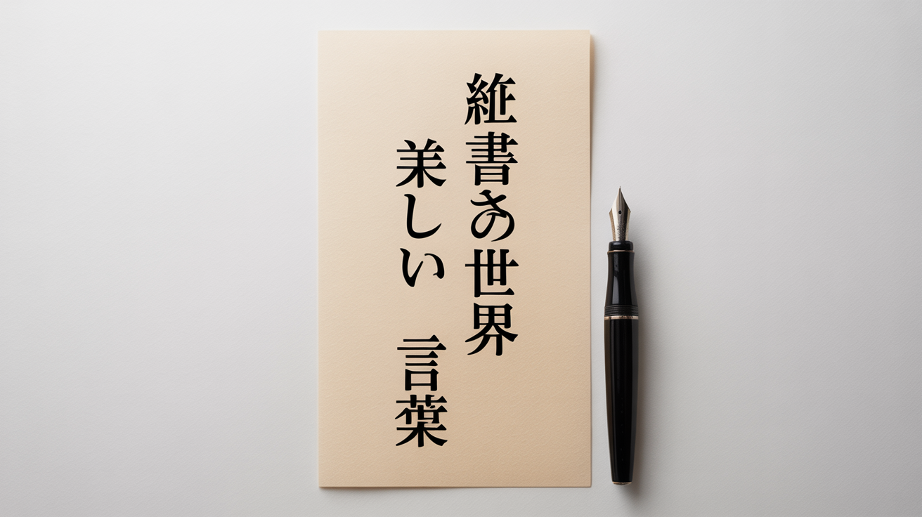 A minimalist mockup representing a vertical text editor, showing a sheet of Japanese washi paper with vertical text that reads 'The World of Vertical Writing' and 'Beautiful Words', with a modern fountain pen beside it on a white background.