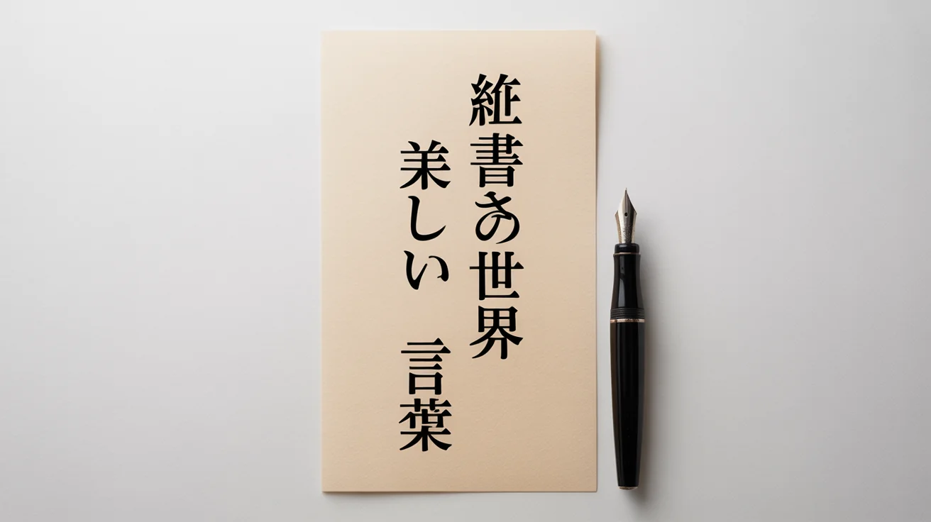 A minimalist mockup representing a vertical text editor, showing a sheet of Japanese washi paper with vertical text that reads 'The World of Vertical Writing' and 'Beautiful Words', with a modern fountain pen beside it on a white background.