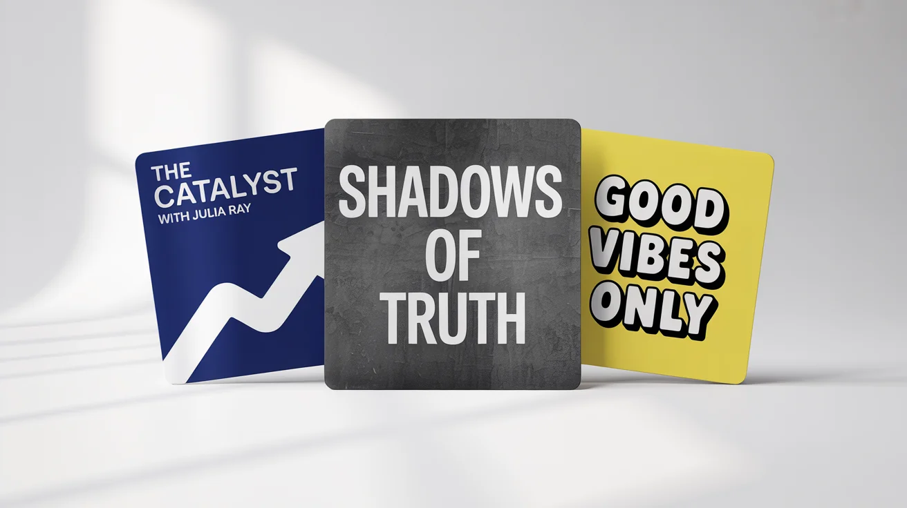 A mockup showcasing three different professional podcast cover art designs for business, true-crime, and comedy genres, displayed on a clean white background.