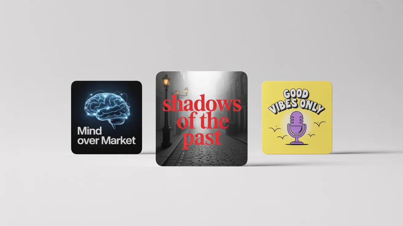 A mockup of three different professional podcast cover art designs for business, true crime, and comedy genres, displayed side-by-side on a clean white background.