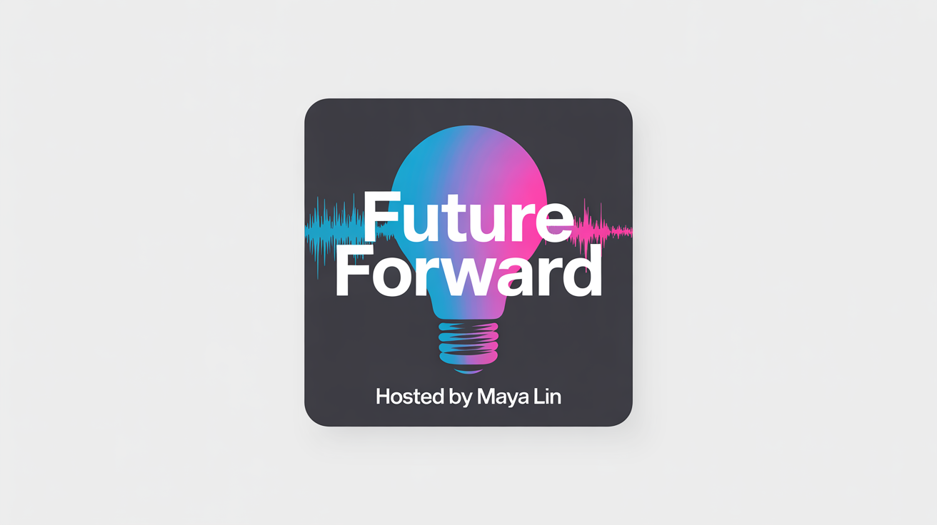 A mockup of a professional podcast cover art for a show titled 'Future Forward'. The design is modern and minimalist, featuring a soundwave and lightbulb graphic on a dark background.