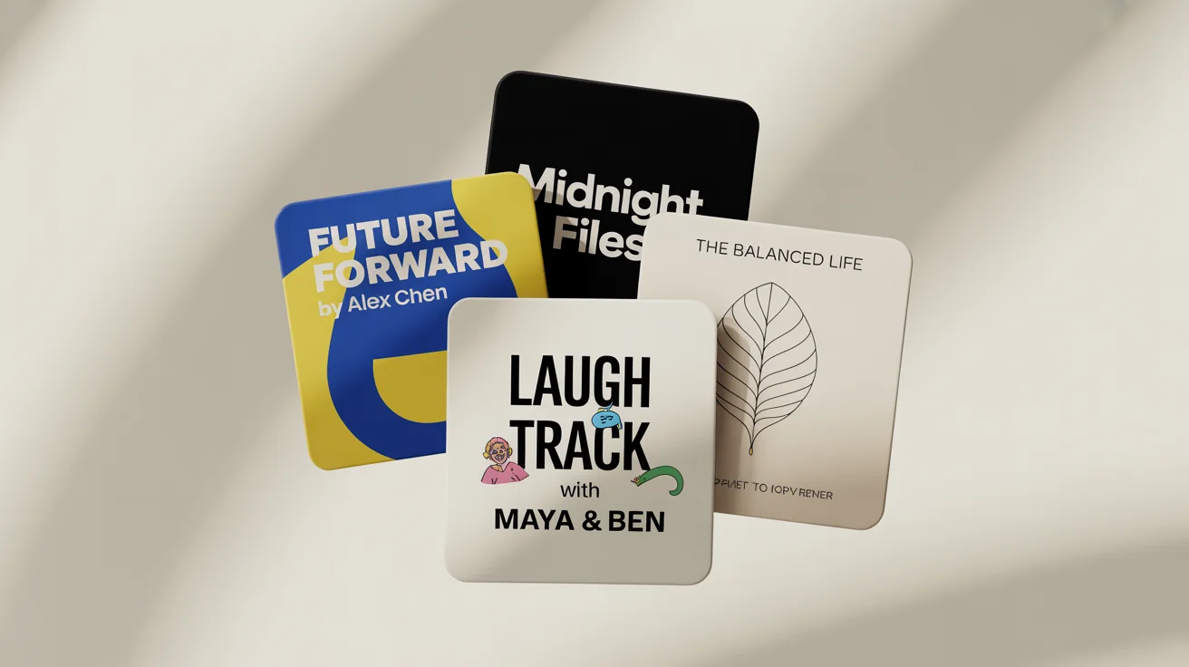 A collection of four professionally designed podcast cover art mockups, showcasing different styles for genres like business, true crime, comedy, and wellness, arranged on a white background.