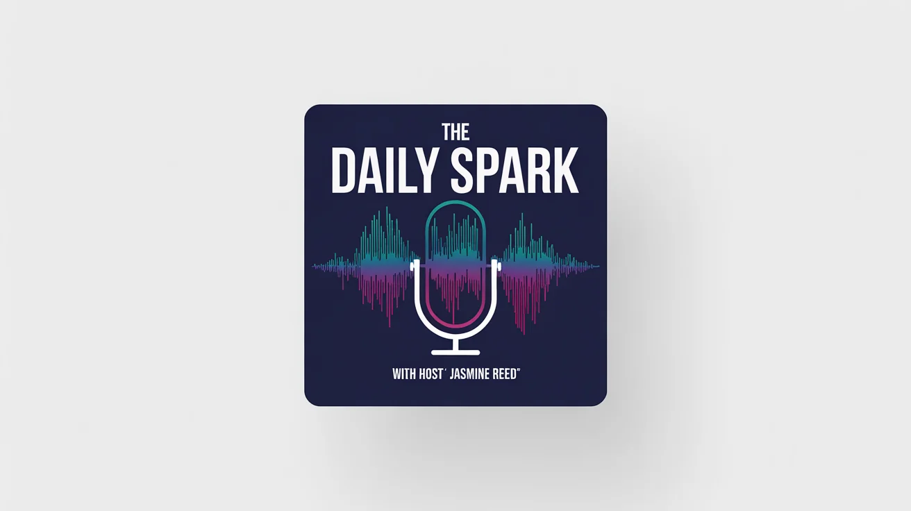 A professional podcast cover art mockup for a show called 'The Daily Spark with Host Jasmine Reed', featuring a stylized microphone and a glowing soundwave on a dark background.
