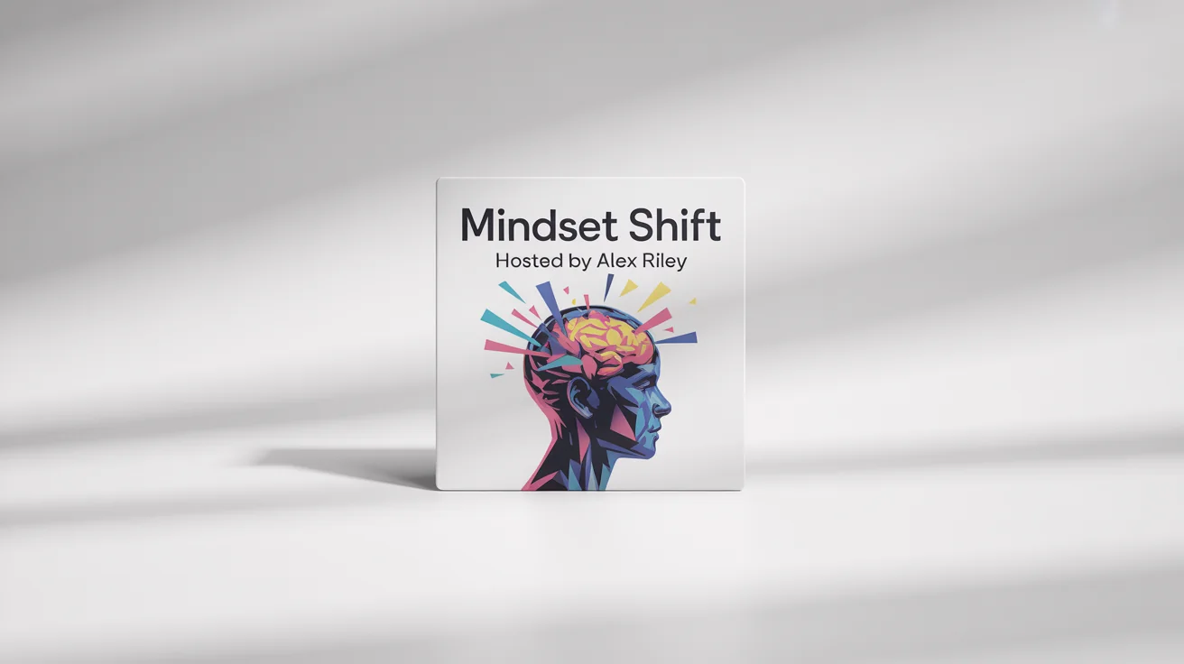 A professional mockup of a podcast cover art titled 'MINDSET SHIFT', featuring a stylized human head with colorful geometric shapes, set against a white background.