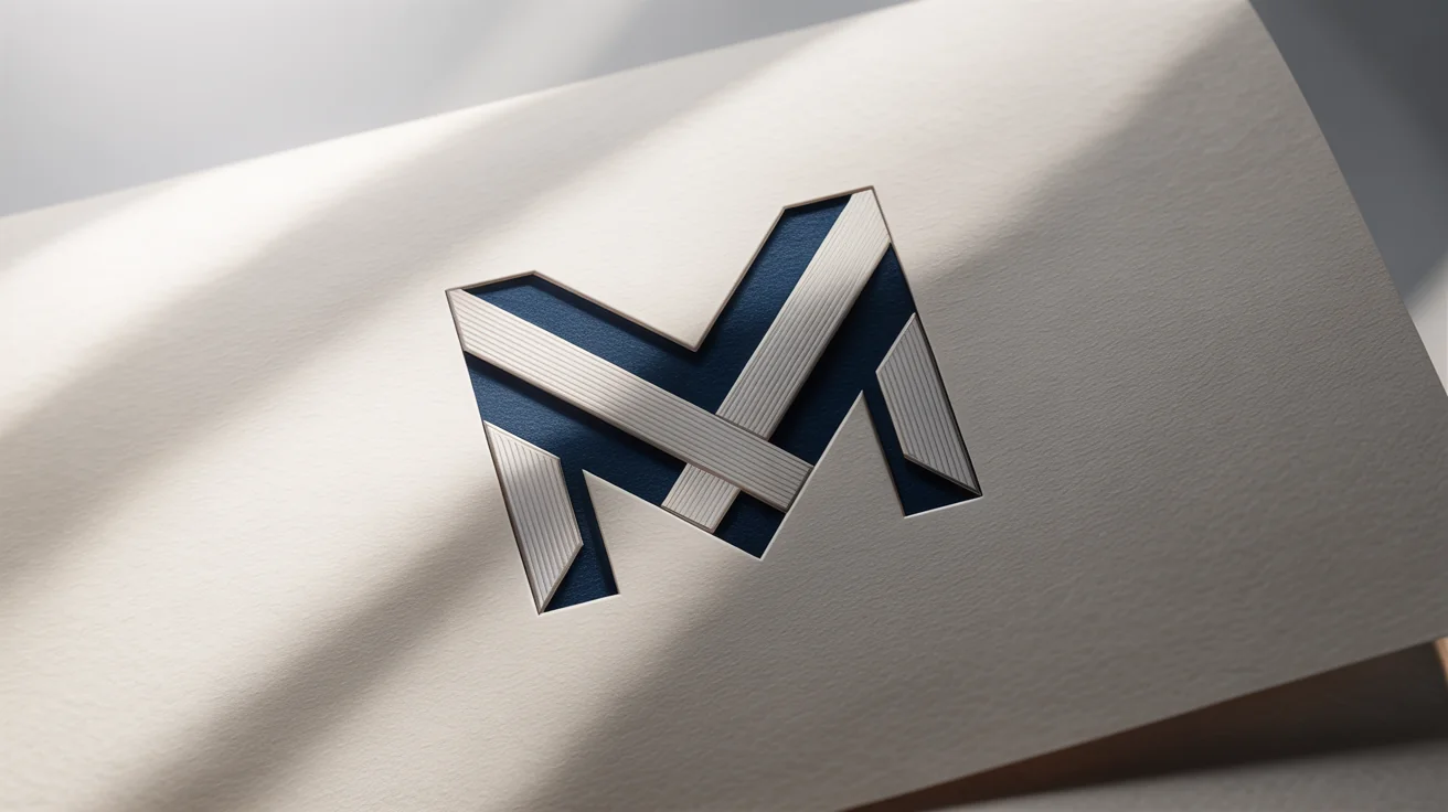A professionally designed monogram logo for the letters 'MM' presented on a branding mockup. The sleek, geometric 'MM' logo is in navy blue and silver, embossed on a textured white background.