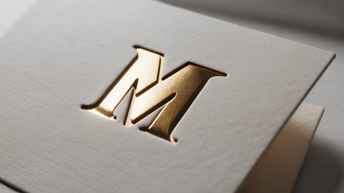 A professional mockup of a sleek gold logo with two interlocking 'M's, embossed on a premium white business card, set against a clean white background.