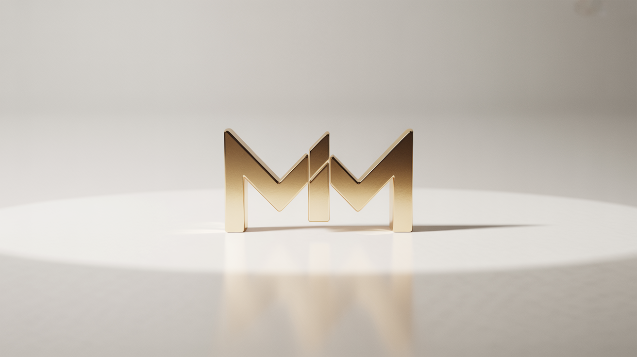 A modern, minimalist logo mockup of two intertwined letters 'MM' in a matte gold finish, centered on a clean white background.