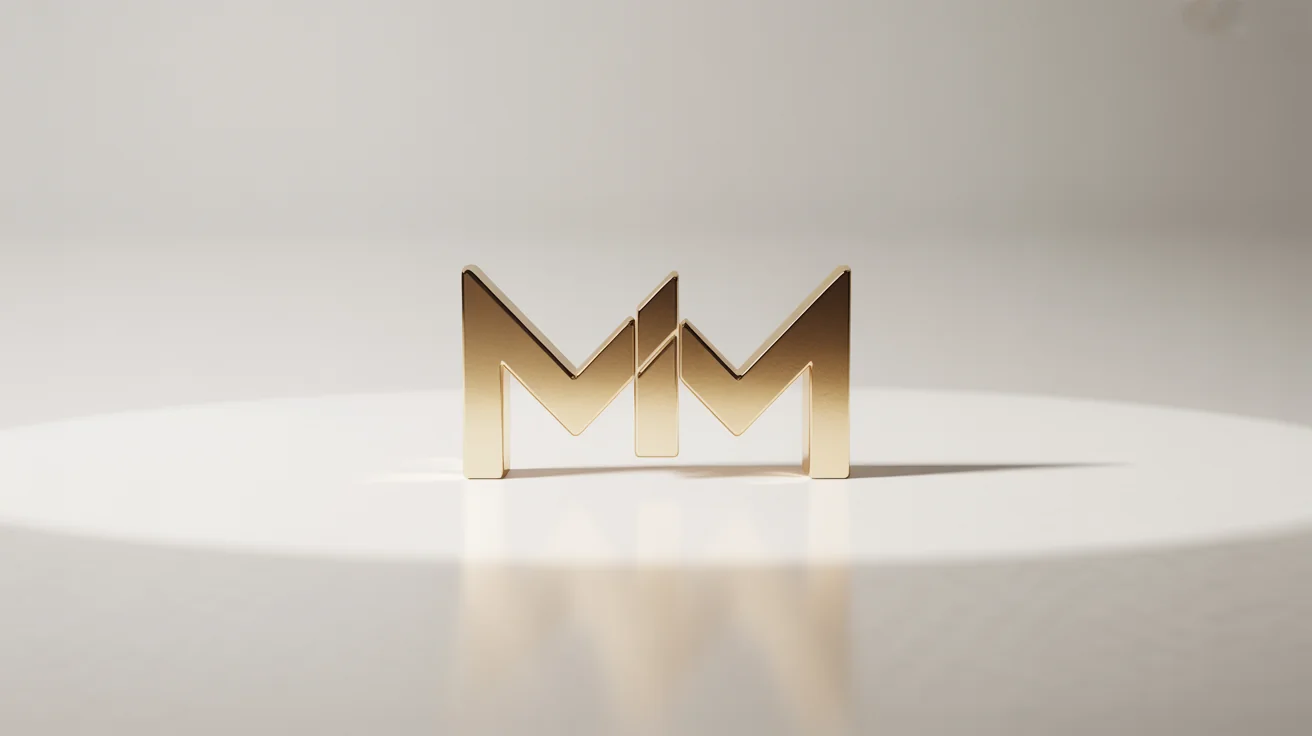 A modern, minimalist logo mockup of two intertwined letters 'MM' in a matte gold finish, centered on a clean white background.
