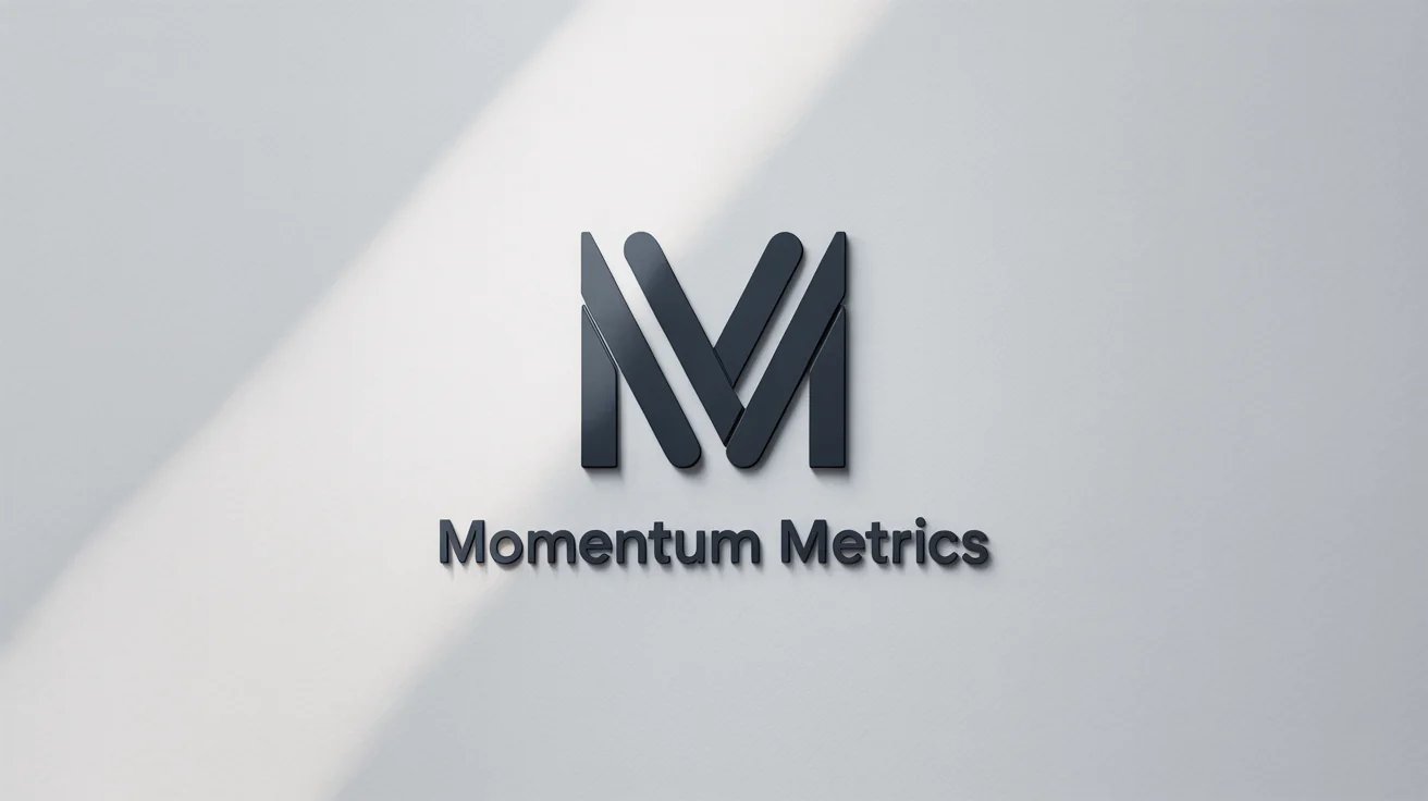 A modern, minimalist logo for the fictional company 'Momentum Metrics', featuring an intertwined 'MM' monogram in charcoal gray on a clean white background.
