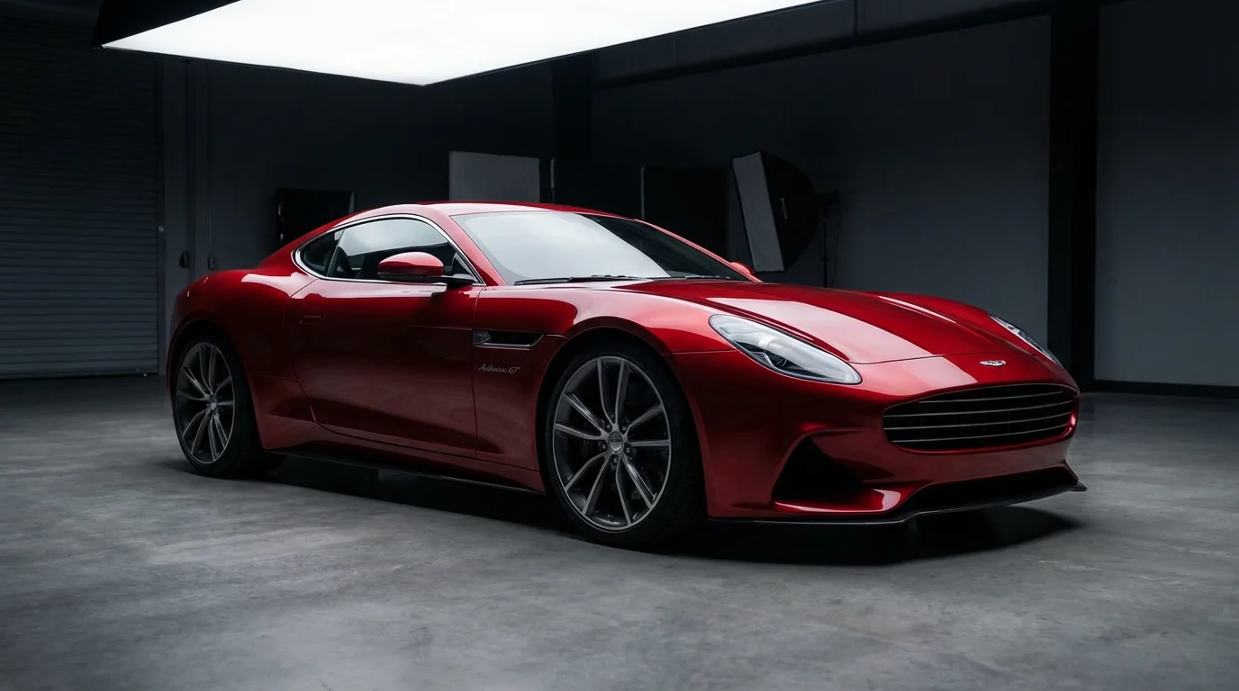 A professionally rendered, photorealistic image of a sleek, red luxury sports car in a dark studio, highlighting the high-quality output of a car image generator.