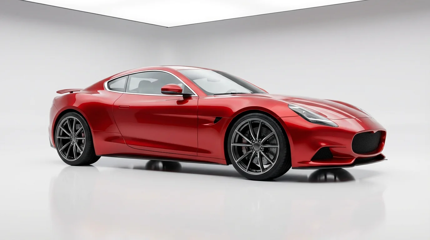 A sleek, modern sports car in a vibrant metallic red, captured in a professional studio photograph against a clean, all-white background, highlighting its luxurious design.