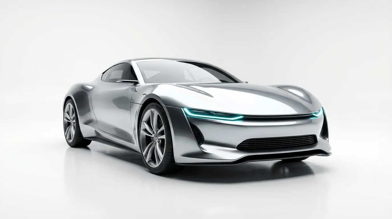 A sleek, silver futuristic electric sports car with glowing blue headlights, photographed in a professional studio setting against a plain white background.