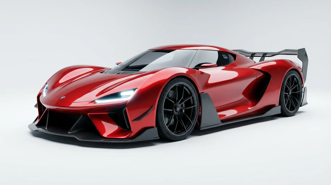 A photorealistic studio photograph of a sleek, metallic red concept sports car angled to the side against a plain white background, highlighting its modern and luxurious design.