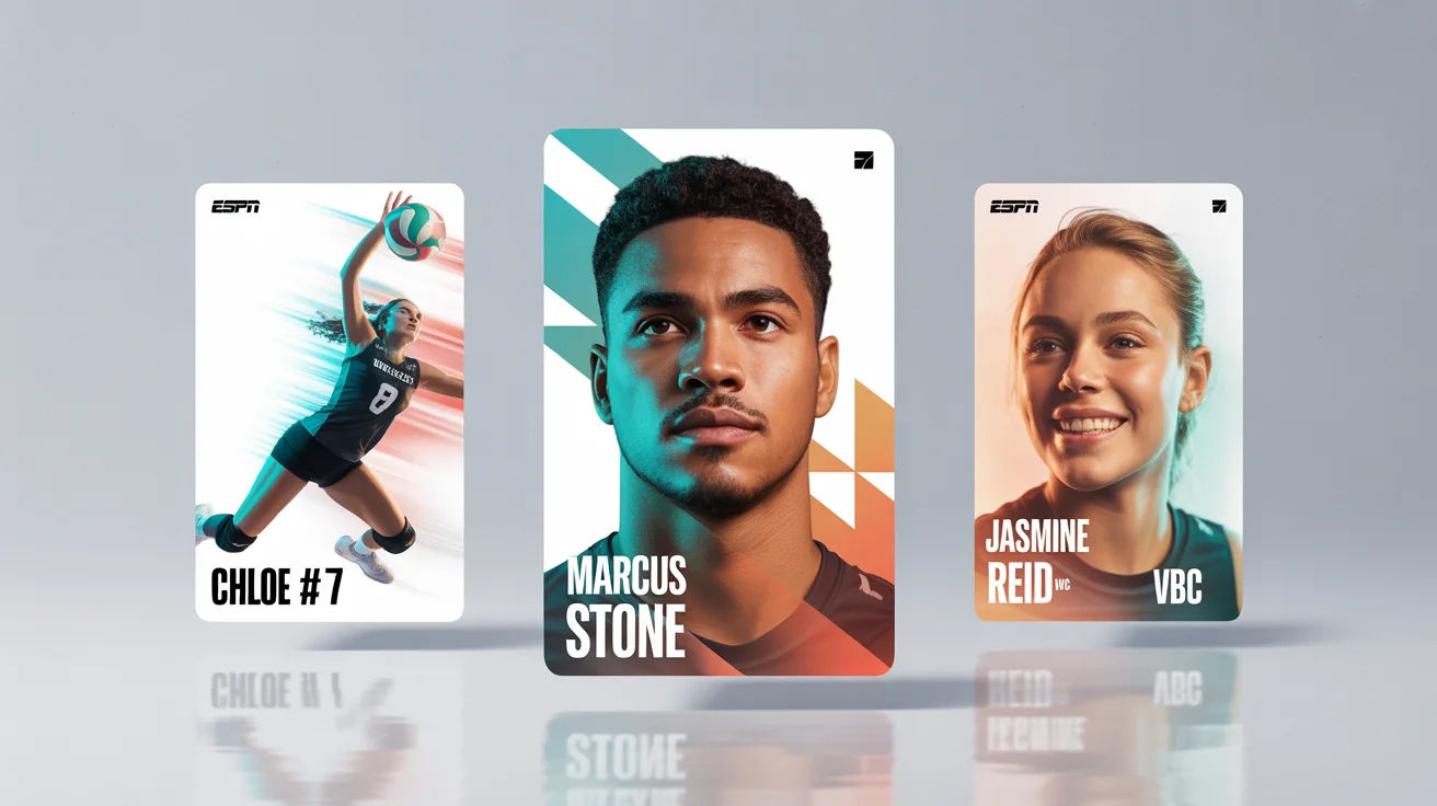 A hero image displaying three different examples of professionally designed volleyball profile pictures on a light gray background. Each circular PFP features a different player with stylized graphics and text, showcasing the final result of a design tool.