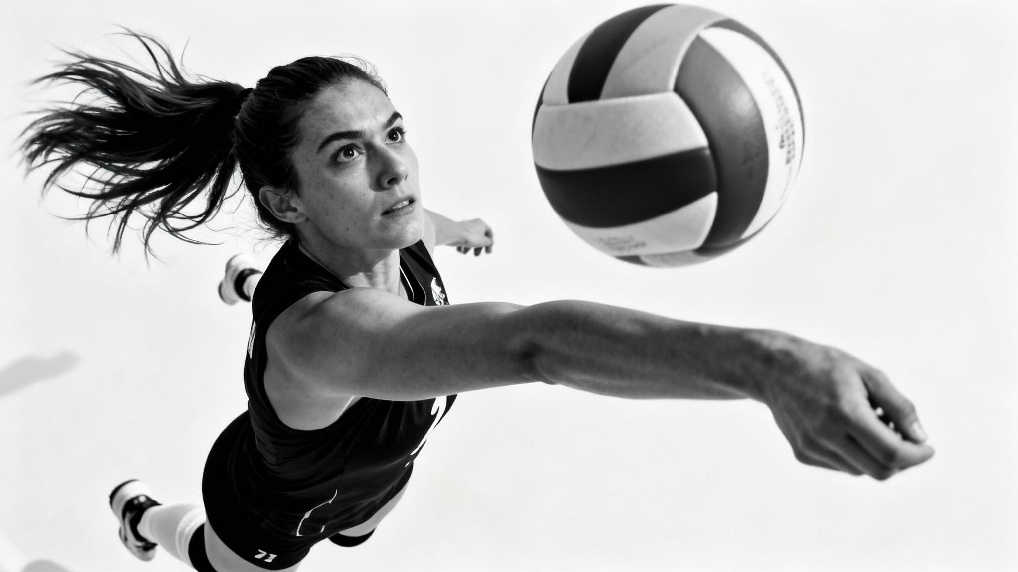 A photorealistic action shot of a female volleyball player mid-air, spiking a volleyball with intense focus against a stark white background.