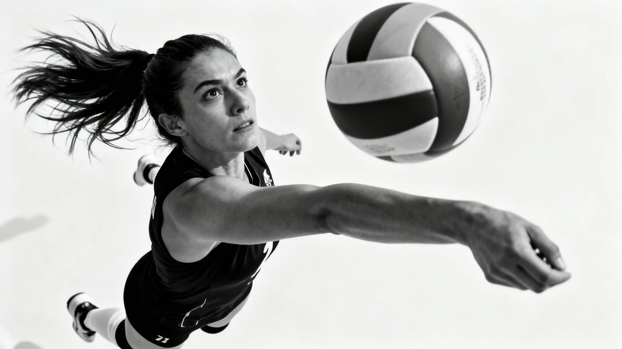 A photorealistic action shot of a female volleyball player mid-air, spiking a volleyball with intense focus against a stark white background.