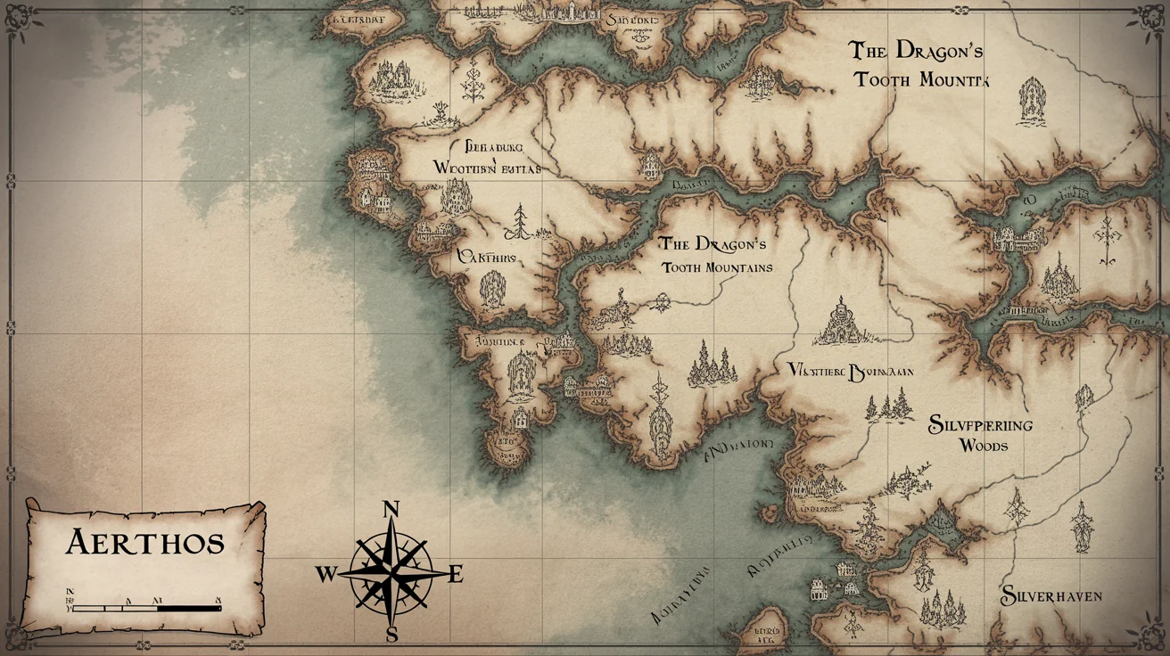 An epic, bird's-eye view of a finished fantasy world map, suitable for a D&D campaign, showing continents, mountains, and cities with labels on an aged parchment texture.