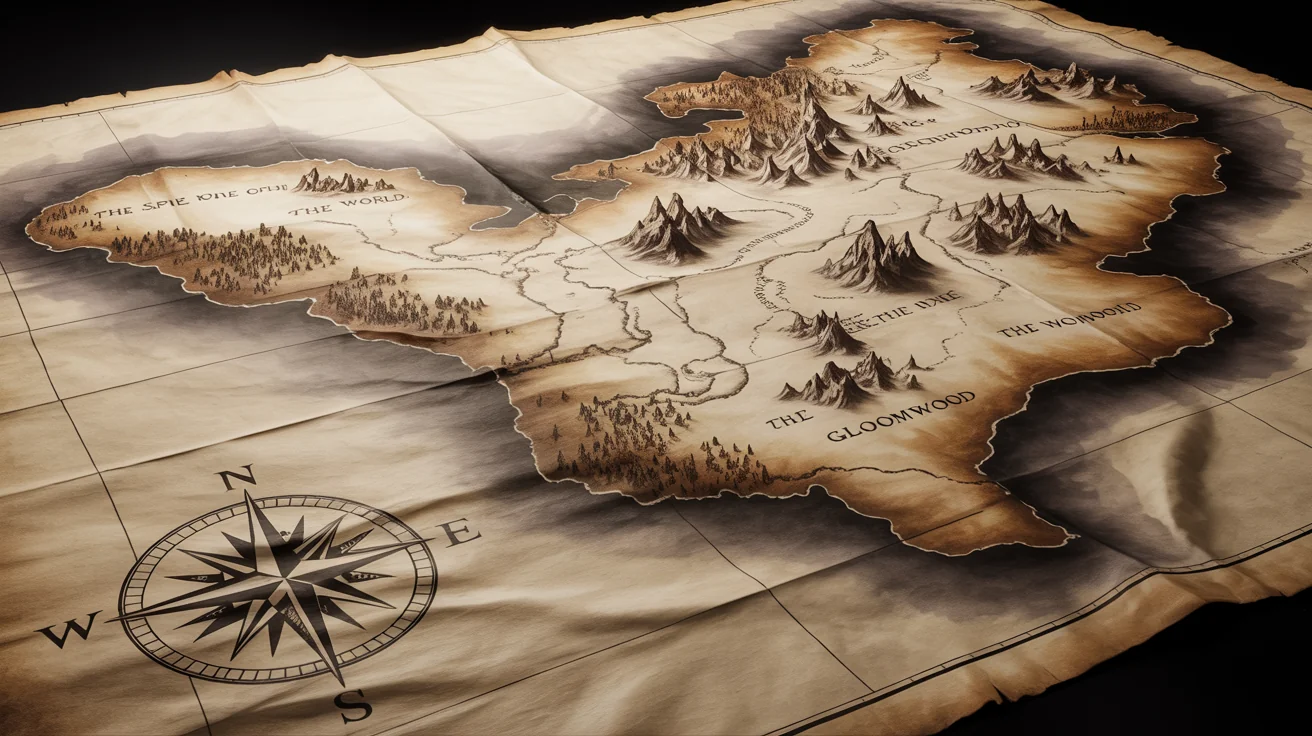 A detailed, hand-drawn fantasy world map on aged parchment, laid flat against a white background. It shows mountains, forests, and rivers with fictional names, in a style suitable for a Dungeons and Dragons game.