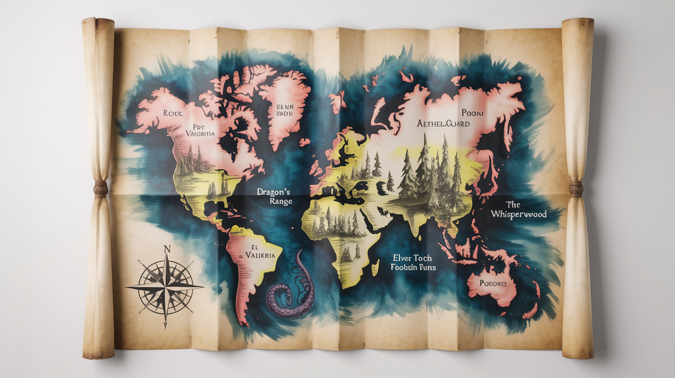 A detailed, hand-drawn fantasy map on aged parchment, laid out on a white background. The map shows mountains, forests, and cities with fantasy-style names.