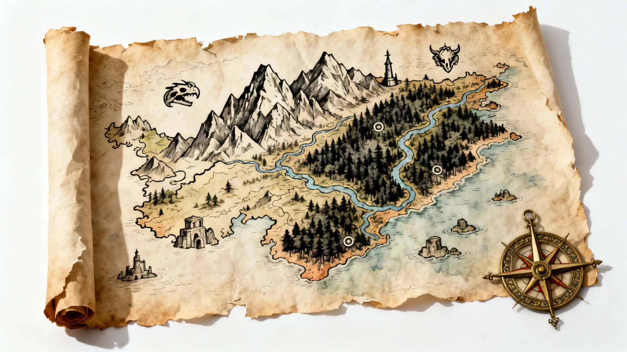 A detailed, hand-drawn fantasy map on aged parchment, reminiscent of Dungeons & Dragons, laid out flat against a clean white background. It shows mountains, forests, and a coastline.