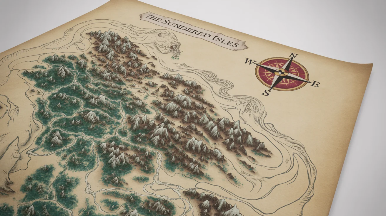 A fantasy map for a Dungeons & Dragons game, illustrated on aged parchment paper with hand-drawn mountains, forests, and locations, set against a plain white background.