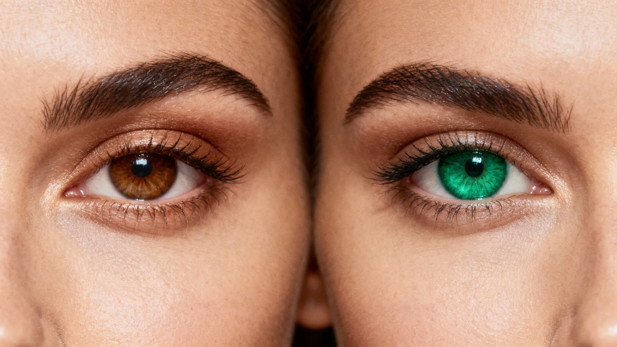 A captivating close-up split shot of a woman's eyes; one eye is a natural brown color, and the other has been changed to a stunning, vibrant emerald green, showcasing the result of an eye color editor.