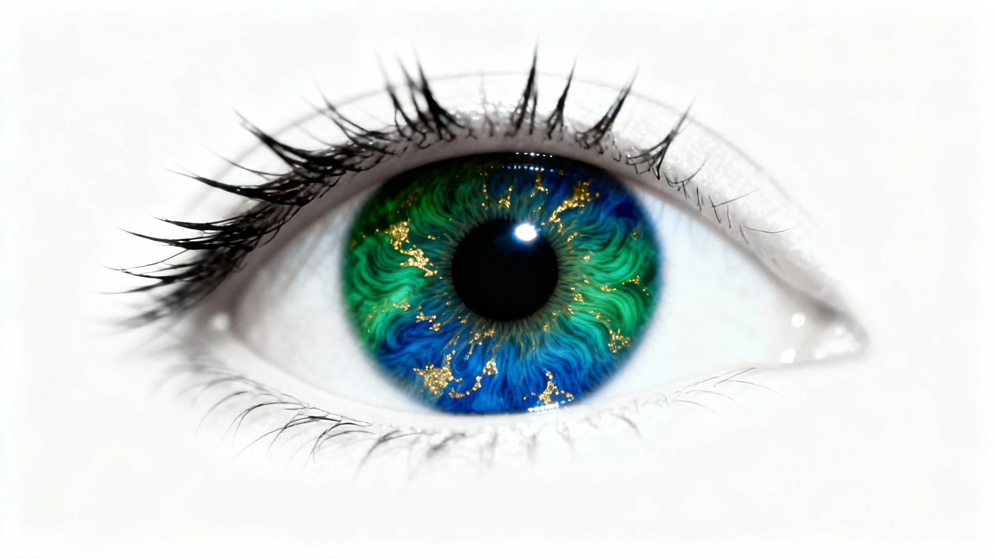 A hyperrealistic, detailed close-up photograph of a human eye with a vibrant and complex iris blending shades of green and blue, against a plain white background.