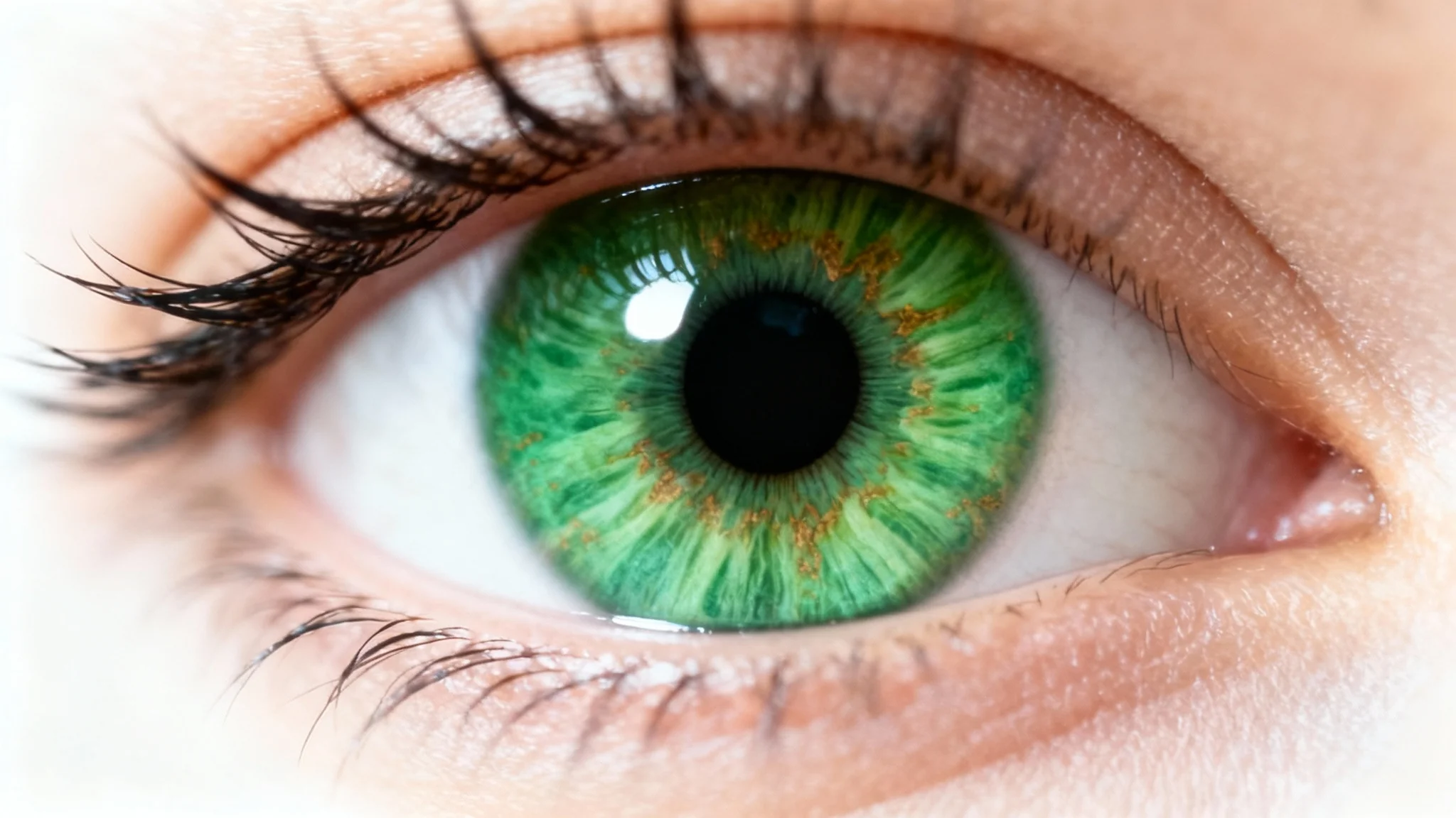 A hyper-realistic macro shot of a human eye with a stunning emerald green iris, showcasing intricate details and set against a plain white background.