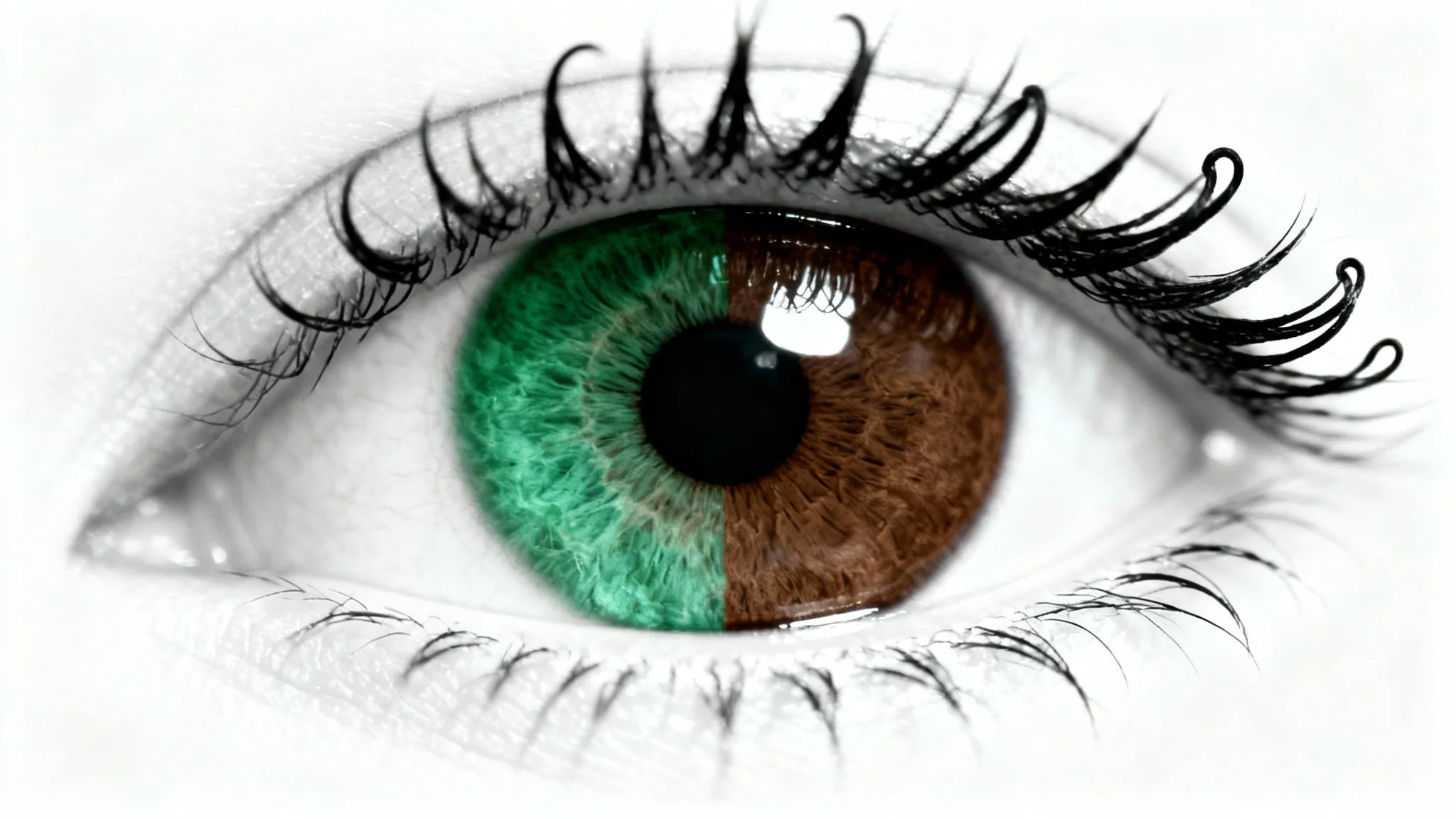 A hyper-realistic close-up of a human eye with a two-toned iris, half emerald green and half chocolate brown, against a clean white background.