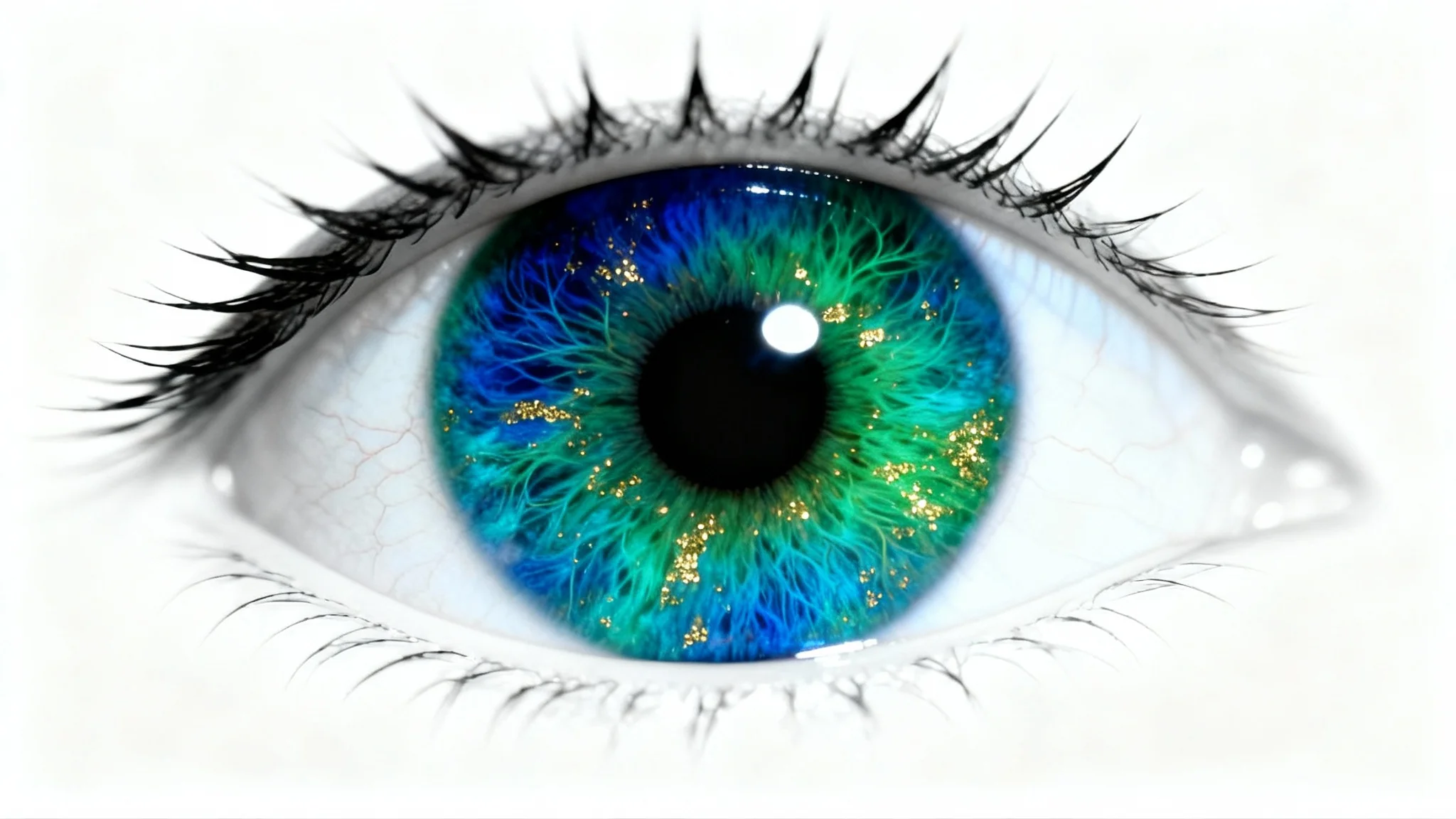 An extreme close-up macro photograph of a human eye with a vibrant iris blending blue, green, and gold colors, against a stark white background.