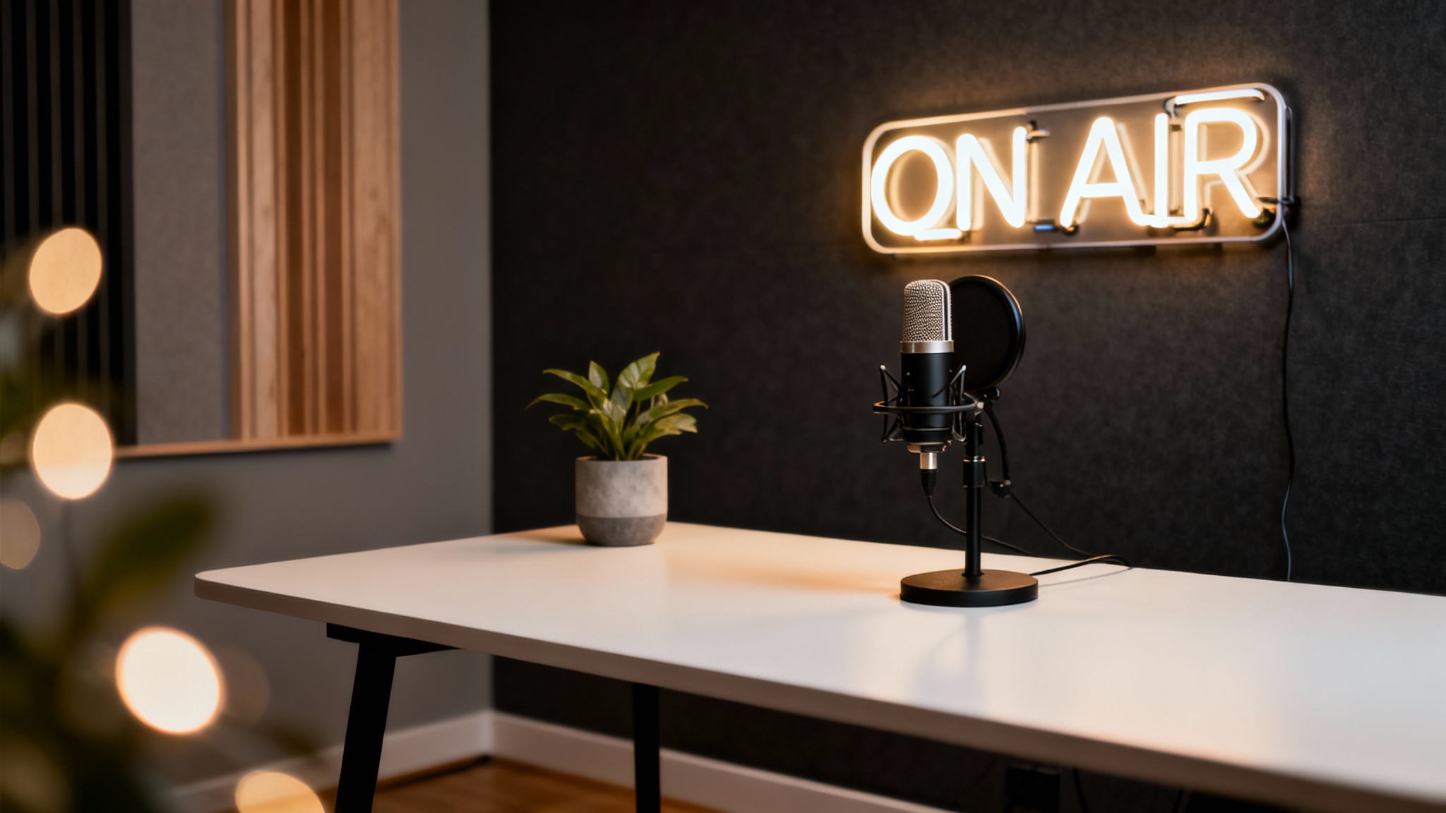 A professional zoom background for a podcast, showing a modern desk with a microphone and plant, and a neon 'ON AIR' sign glowing on the wall behind it, all in soft focus.