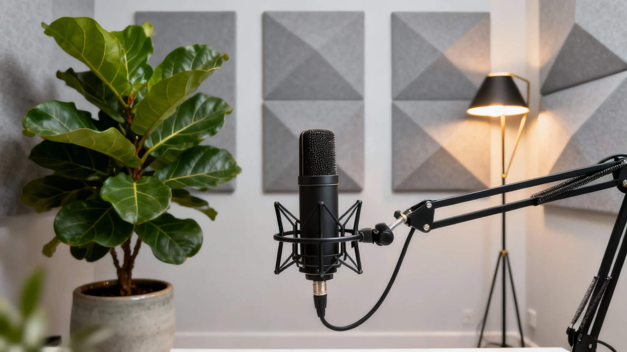 A professional and modern background for a Zoom podcast, showing a clean studio setup with a microphone, plant, and stylish lamp.