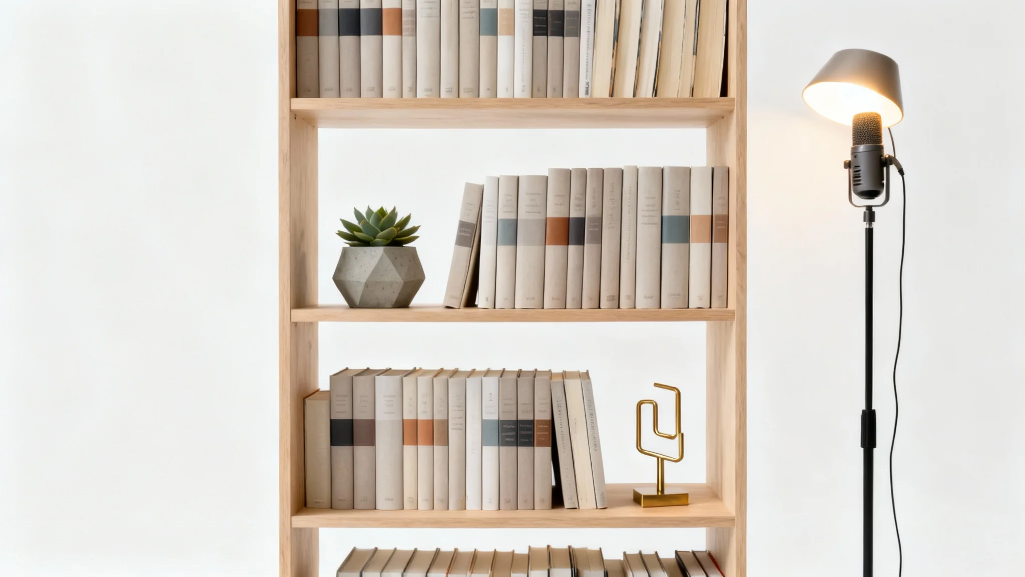 A modern and professional virtual background for a Zoom podcast, featuring a stylishly organized bookshelf with books and decor, presented as a mockup on a crisp white background.