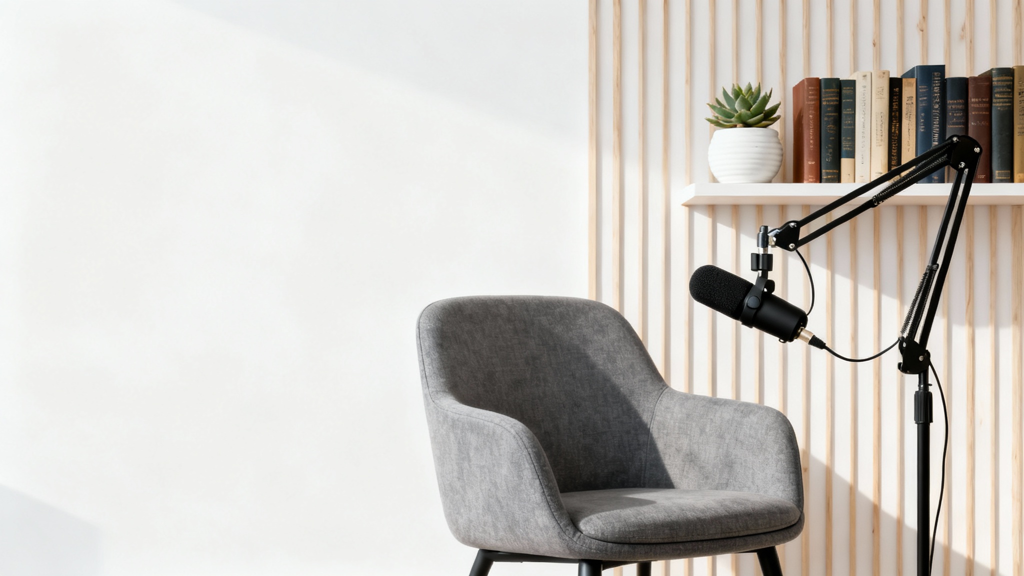 A modern podcast studio setup designed as a virtual background for Zoom, featuring an armchair, a professional microphone, and a stylish bookshelf on a white background.