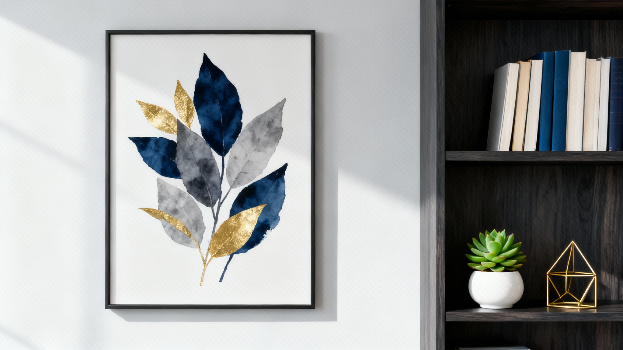 A modern and professional virtual background for a podcast, featuring a minimalist room with a bookshelf, a potted succulent, and a large abstract painting on a light gray wall.