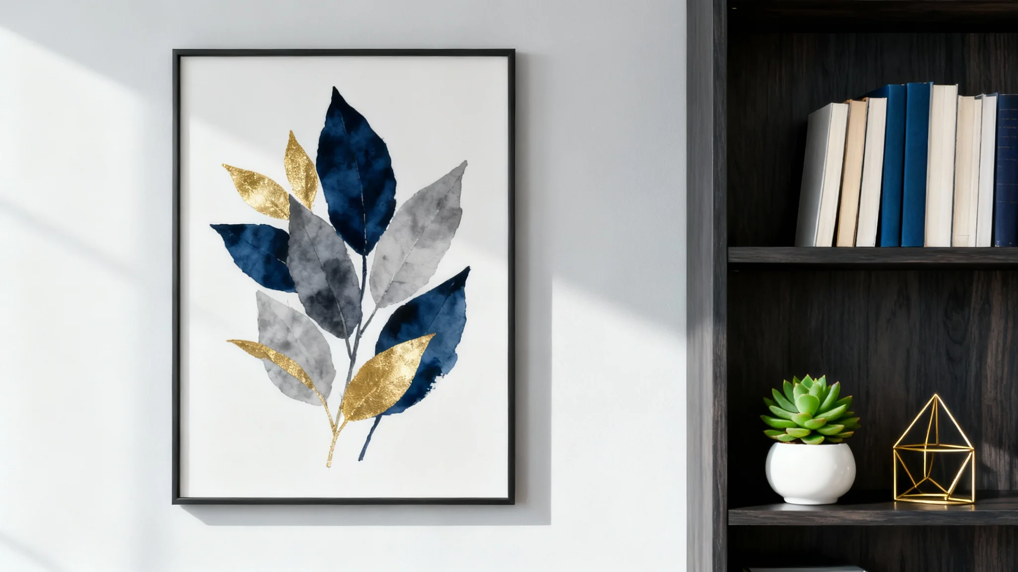 A modern and professional virtual background for a podcast, featuring a minimalist room with a bookshelf, a potted succulent, and a large abstract painting on a light gray wall.