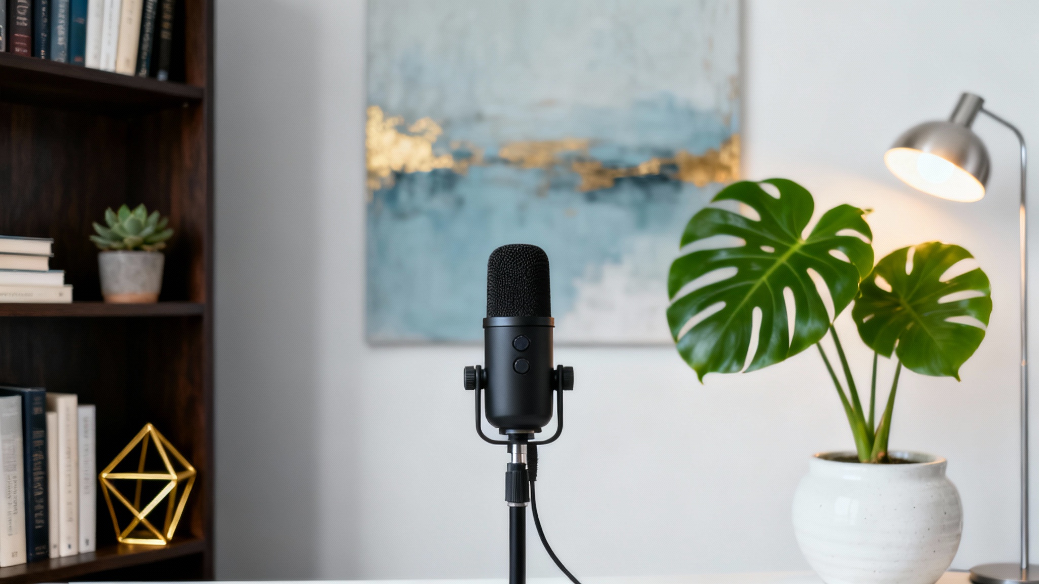 A stylish home office background designed for Zoom and podcasting, featuring a neatly organized bookshelf, a large plant, and modern decor with a soft-focus effect.