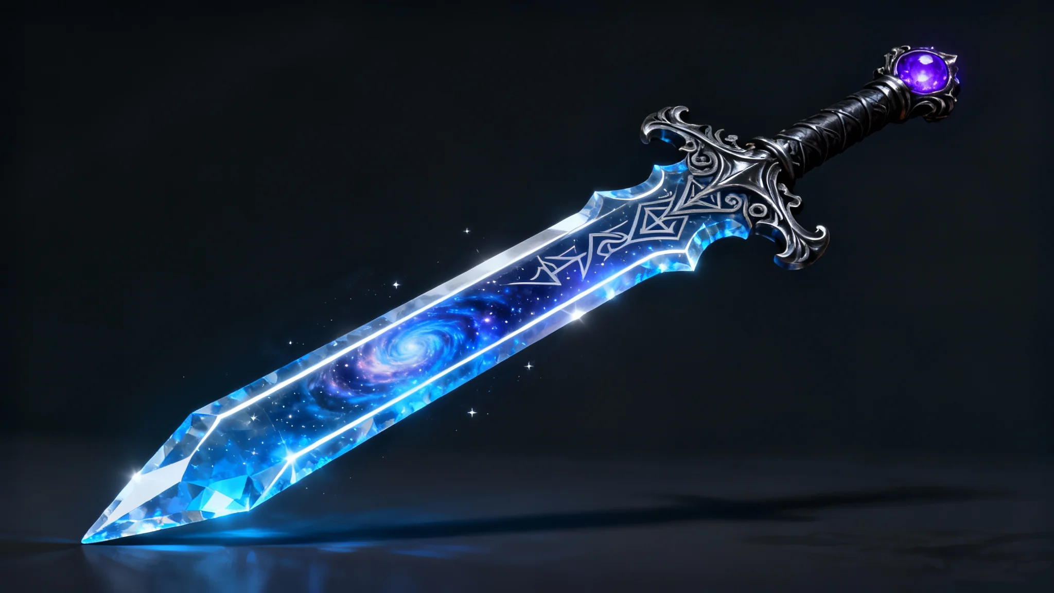 A hyper-detailed digital painting of a magnificent fantasy greatsword made of glowing blue crystal, containing a nebula, set against a dark background.