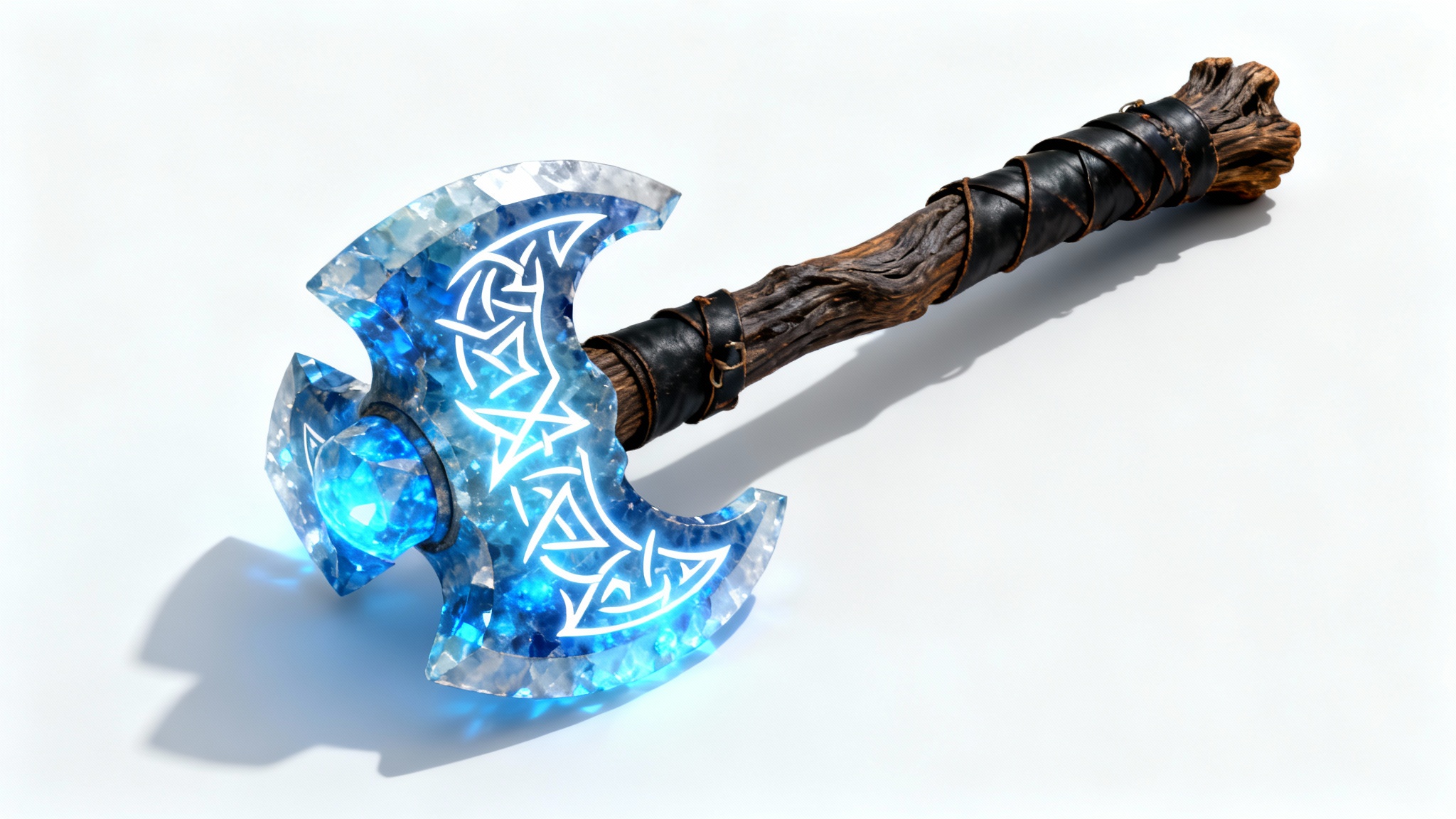 A photorealistic mockup of a fantasy battle axe with a glowing blue crystal head and a dark wooden handle, displayed on a clean white background.