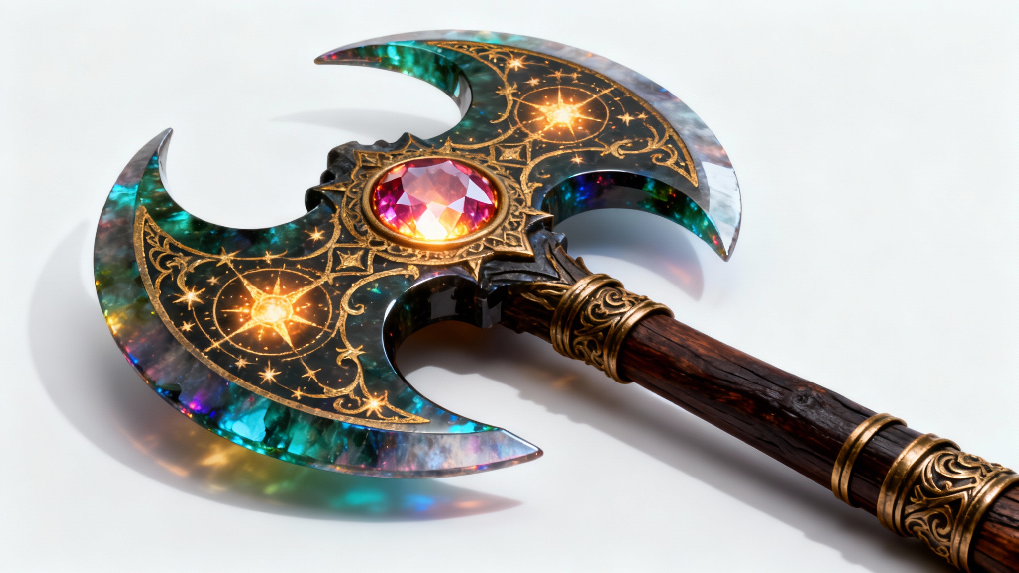 A photorealistic concept image of an ornate fantasy battle-axe against a white background. The axe features a double-headed obsidian blade with glowing gold details, a central pulsing ruby, and a dark wood handle.