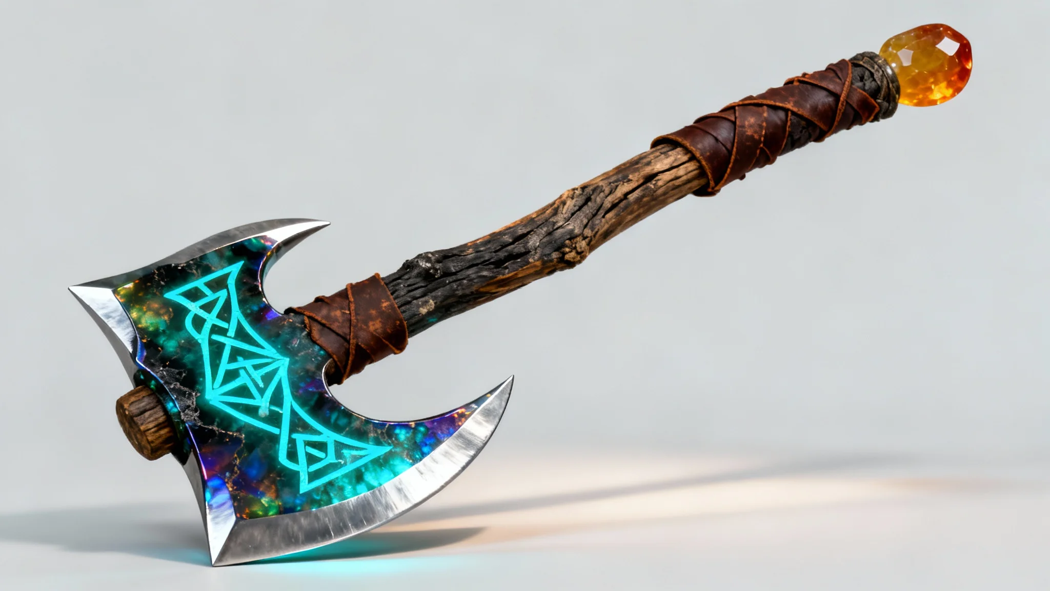 An ornate fantasy battle axe with a shimmering obsidian head, glowing cyan runes, and a dark wood handle, displayed on a clean, light grey background.