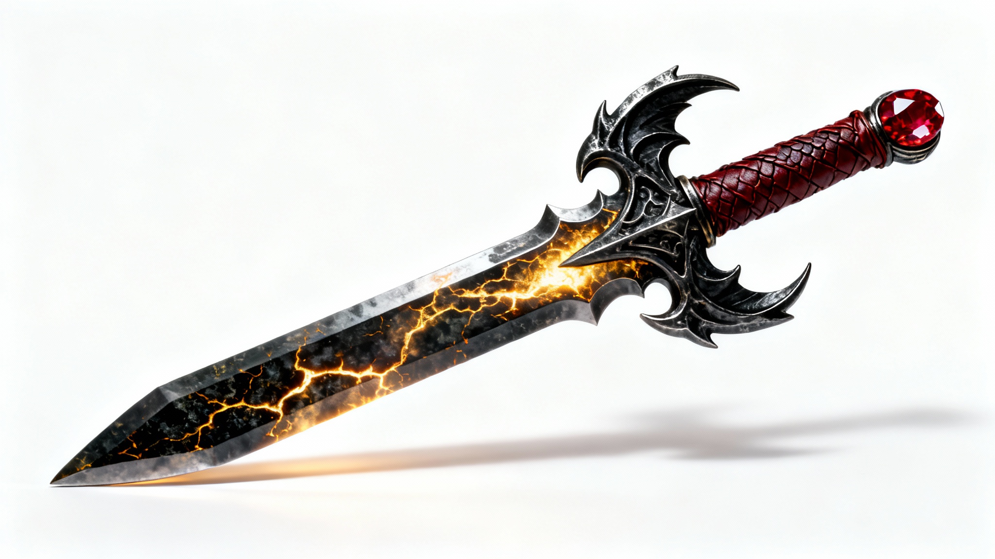 A hyper-realistic mockup of a fantasy greatsword with a glowing, obsidian-like blade and an ornate demonic-wing crossguard, showcased against a plain white background.