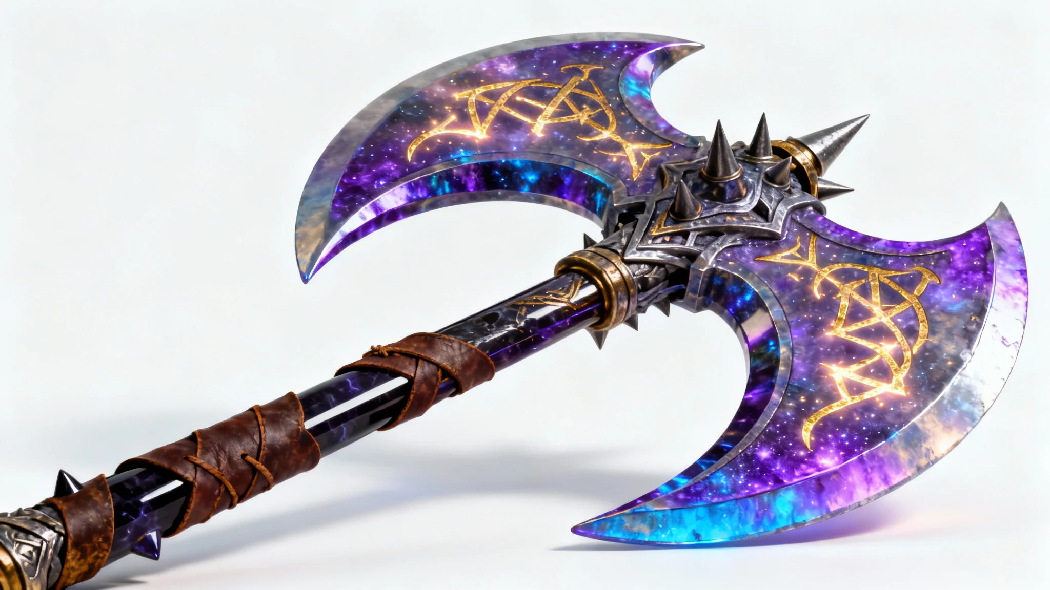 A hyper-realistic concept art of a magnificent fantasy battle axe with a shimmering iridescent blade and a dark obsidian handle, displayed on a clean white background.