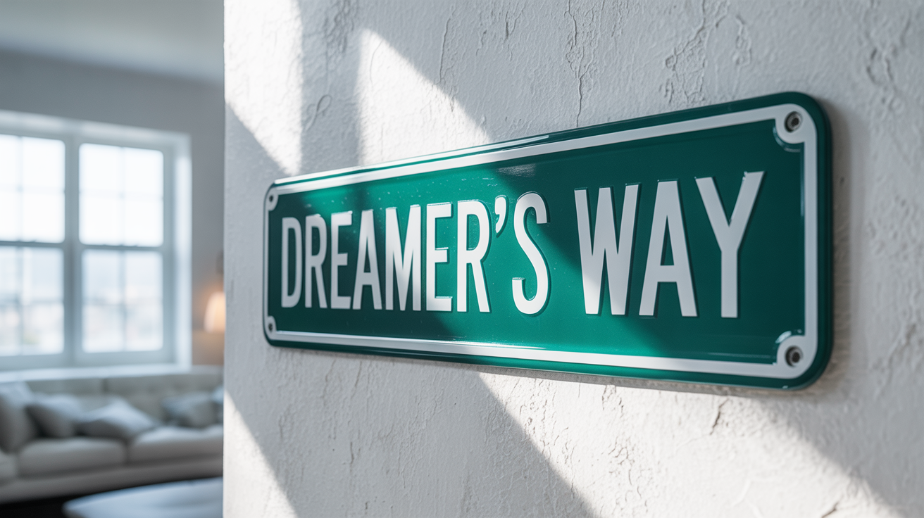 A custom green street sign with the text 'DREAMER'S WAY' in white, mounted on a stylish white wall in a modern home, shown as a final product.
