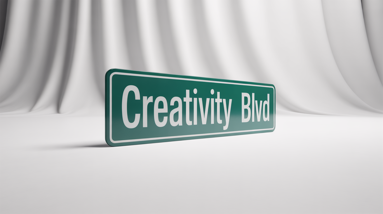 A custom dark green metal street sign with the text 'CREATIVITY BLVD' in white, shown as a product mockup on a clean white background.